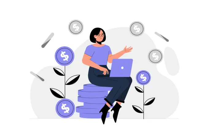 A Woman Is Earning Money Through an Online Business Using Her Laptop Best 2D Vector Illustration image